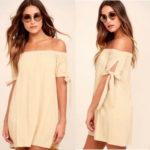 Beige off the shoulder dress by Lulus